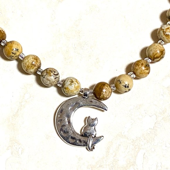 Jasper Stone Silver Cat on the Moon Necklace, Genuine Gemstone Beaded Necklace - Picture 6 of 8
